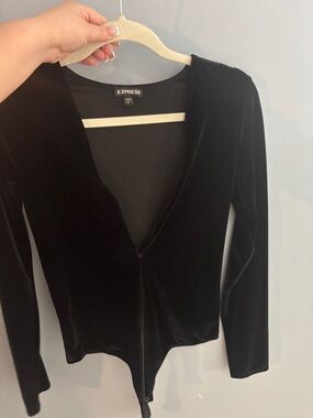 Express Black Velvet Long Sleeve deep V-Neck Bodysuit
